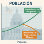 la silueta del mapa de Estados Unidos. Saliendo del país, una flecha grande y roja simboliza la deportación masiva