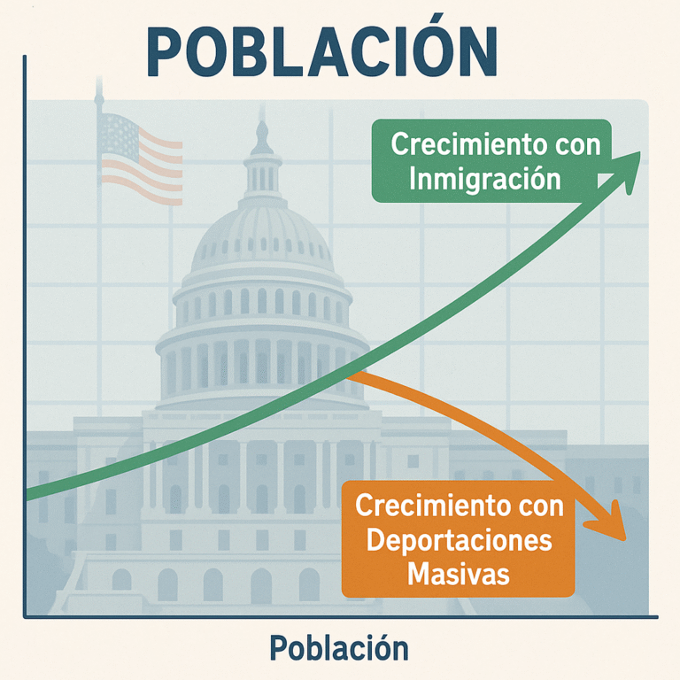 la silueta del mapa de Estados Unidos. Saliendo del país, una flecha grande y roja simboliza la deportación masiva