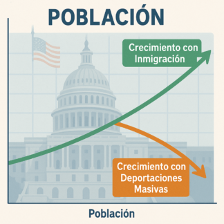 la silueta del mapa de Estados Unidos. Saliendo del país, una flecha grande y roja simboliza la deportación masiva
