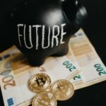Black piggy bank labeled 'Future' with 200 euro bills and Bitcoin coins, symbolizing modern savings.