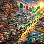 empresas mexicana atrapadas entre engranajes oxidados. Esos engranajes tendrían símbolos o elementos que evocan ideas rígidas o pasadas, mientras la fábrica intenta avanzar.