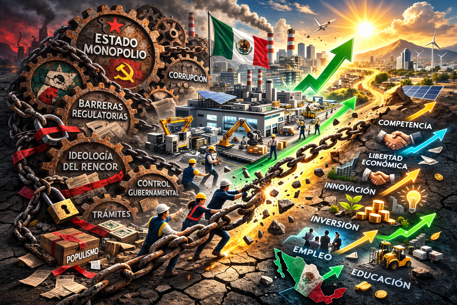 empresas mexicana atrapadas entre engranajes oxidados. Esos engranajes tendrían símbolos o elementos que evocan ideas rígidas o pasadas, mientras la fábrica intenta avanzar.