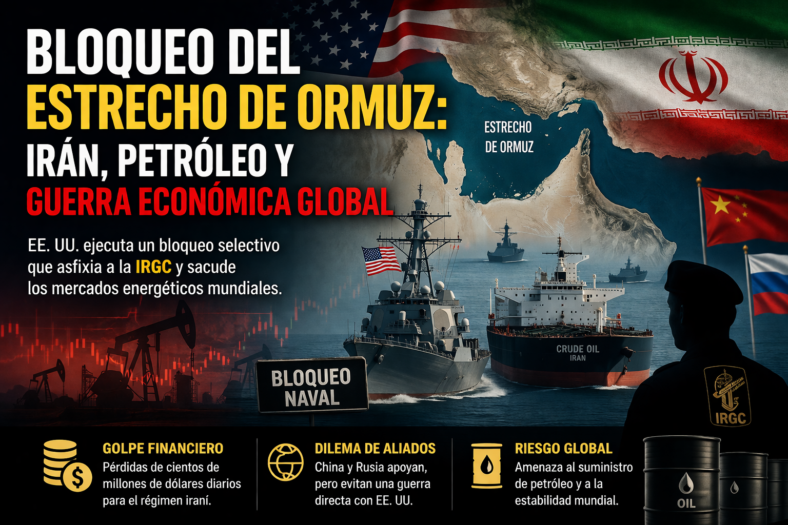 Mapa del Estrecho de Ormuz con buques militares y petroleros.