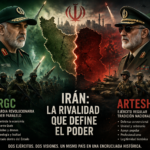 Ilustración geopolítica de Irán dividida entre la IRGC y el Artesh, con dos mandos militares enfrentados, tropas, misiles y un mapa fracturado del país que simboliza la rivalidad entre la Guardia Revolucionaria y el ejército regular