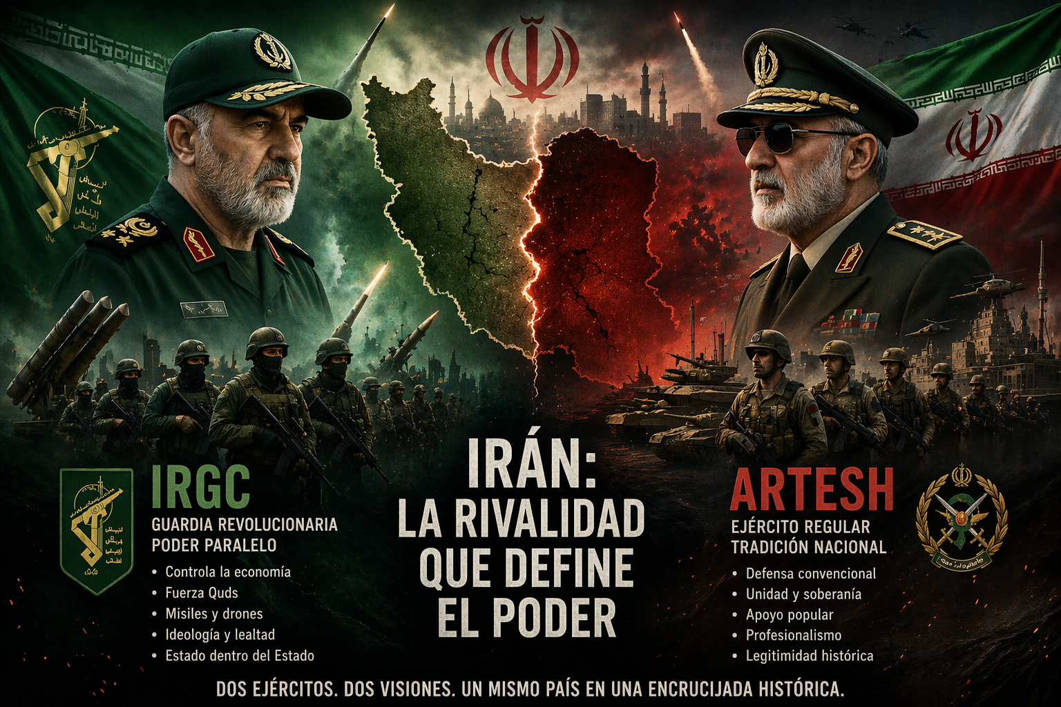 Ilustración geopolítica de Irán dividida entre la IRGC y el Artesh, con dos mandos militares enfrentados, tropas, misiles y un mapa fracturado del país que simboliza la rivalidad entre la Guardia Revolucionaria y el ejército regular