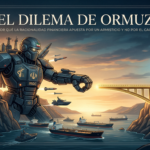 lustración editorial de FIMUN.COM titulada 'El Dilema de Hormuz', que muestra un colosal robot blindado de la IRGC (Guardia Revolucionaria Iraní) con emblemas iraníes (como el León y Sol), de pie sobre el Estrecho de Hormuz. Frente a él, a través del estrecho, un edificio moderno del mercado financiero muestra los precios del petróleo Brent ($109-$112). Un 'Puente Dorado' que representa la 'Predictibilidad' se extiende desde el mercado hacia el robot pero se detiene