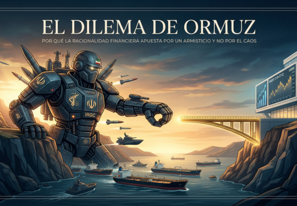 lustración editorial de FIMUN.COM titulada 'El Dilema de Hormuz', que muestra un colosal robot blindado de la IRGC (Guardia Revolucionaria Iraní) con emblemas iraníes (como el León y Sol), de pie sobre el Estrecho de Hormuz. Frente a él, a través del estrecho, un edificio moderno del mercado financiero muestra los precios del petróleo Brent ($109-$112). Un 'Puente Dorado' que representa la 'Predictibilidad' se extiende desde el mercado hacia el robot pero se detiene