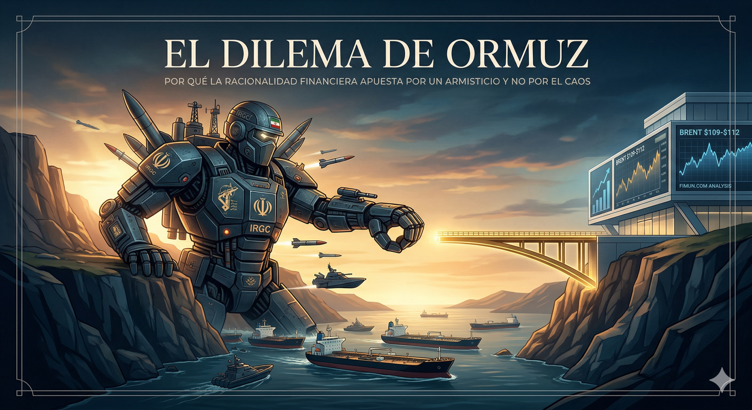 lustración editorial de FIMUN.COM titulada 'El Dilema de Hormuz', que muestra un colosal robot blindado de la IRGC (Guardia Revolucionaria Iraní) con emblemas iraníes (como el León y Sol), de pie sobre el Estrecho de Hormuz. Frente a él, a través del estrecho, un edificio moderno del mercado financiero muestra los precios del petróleo Brent ($109-$112). Un 'Puente Dorado' que representa la 'Predictibilidad' se extiende desde el mercado hacia el robot pero se detiene