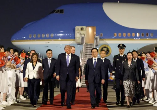 El presidente Donald Trump llega a Pekín el 13 de mayo.Fotógrafo: Alex Wong/Getty Images