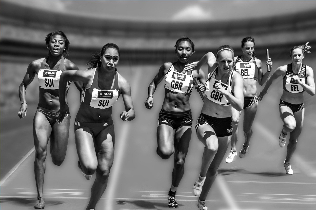 women, running, race, racing, athletes, female atheletes, relay race, competition, stadium, sport, run, athletics, black and white, monochrome, track and field, women, running, running, running, running, running, race, race, sport, sport, run